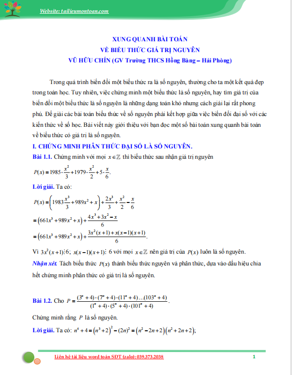 Xung quanh bài toán về biểu thức có giá trị nguyên